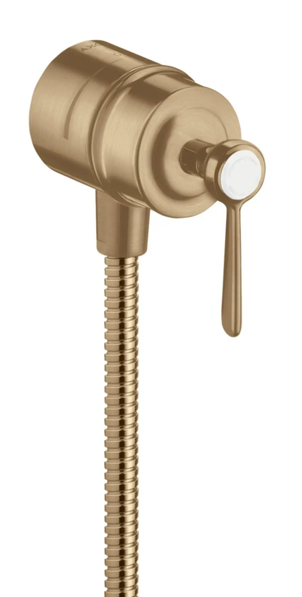 Montageanleitung für ein AXOR-Brauseventil mit Rückflussverhinderer, Absperrventil und Hebelgriff in gebürstetem Bronzefinish, geeignet für Wandanschlüsse.